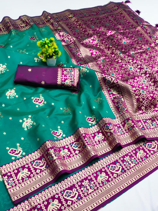 AJ-PATOLA  SOFT SILK SAREE VIRAL PATOLA DESIGN WITH MEENAKARI WORK WITH RICH PALLU AND TASSELS ATTACHED WITH 6.30 MTR CUT