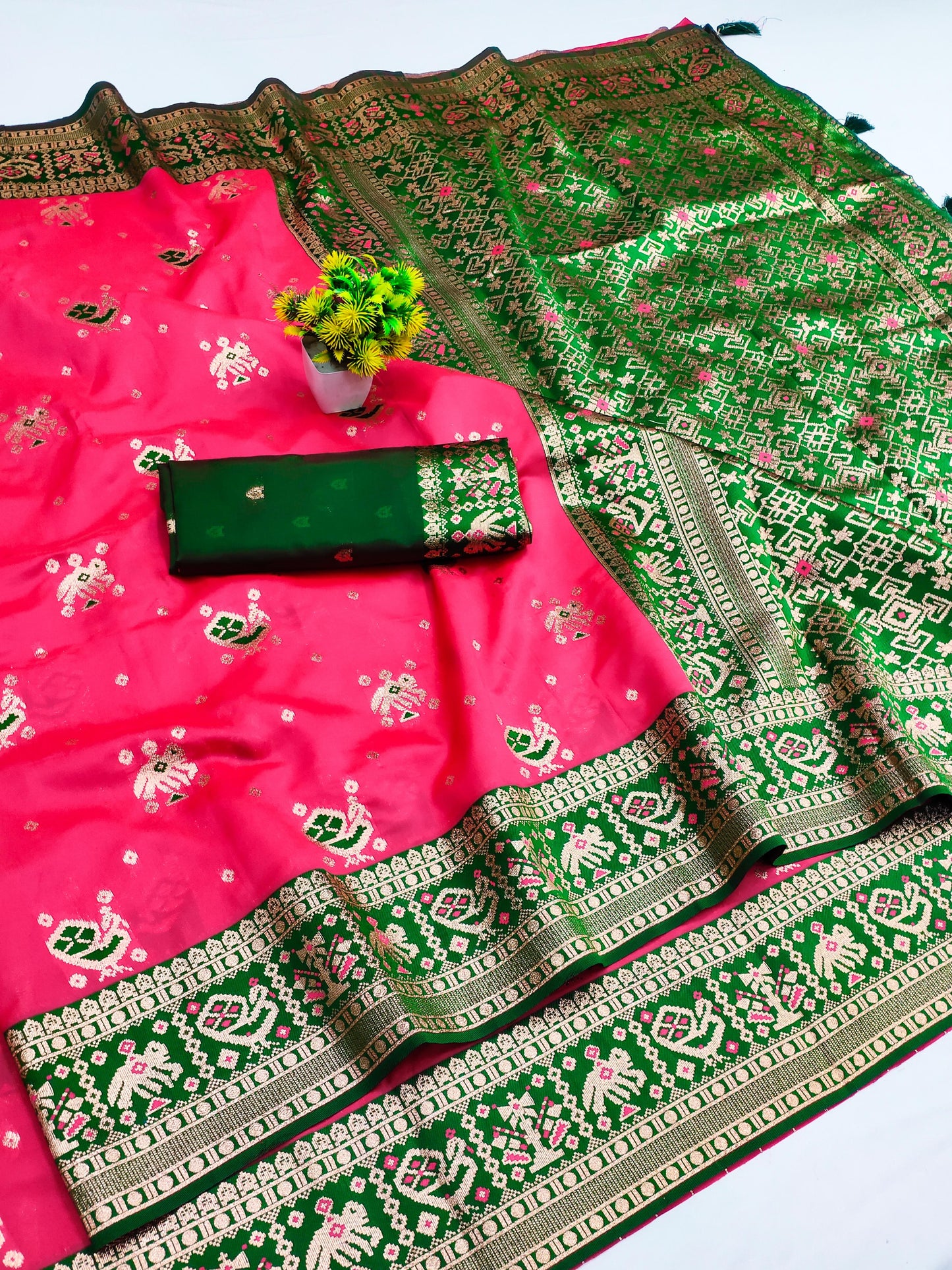 AJ-PATOLA  SOFT SILK SAREE VIRAL PATOLA DESIGN WITH MEENAKARI WORK WITH RICH PALLU AND TASSELS ATTACHED WITH 6.30 MTR CUT