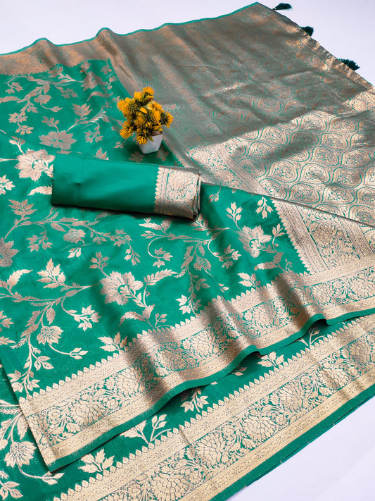 AJ-AMAZON PREMIUM SOFT SILK SAREE WITH BEAUTIFUL FLOWER LEAF WITH JHAL DESIGN RICH PALLU WITH TASSELS