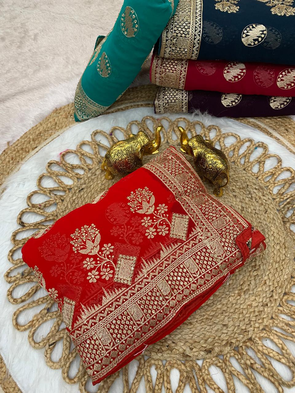 BS-PYARI DULHAN PREMIUM BLOOMING SAREE WITH HEAVY EMBROIDERY WORK WITH PALI AND JARKAN WORK ALL OVER