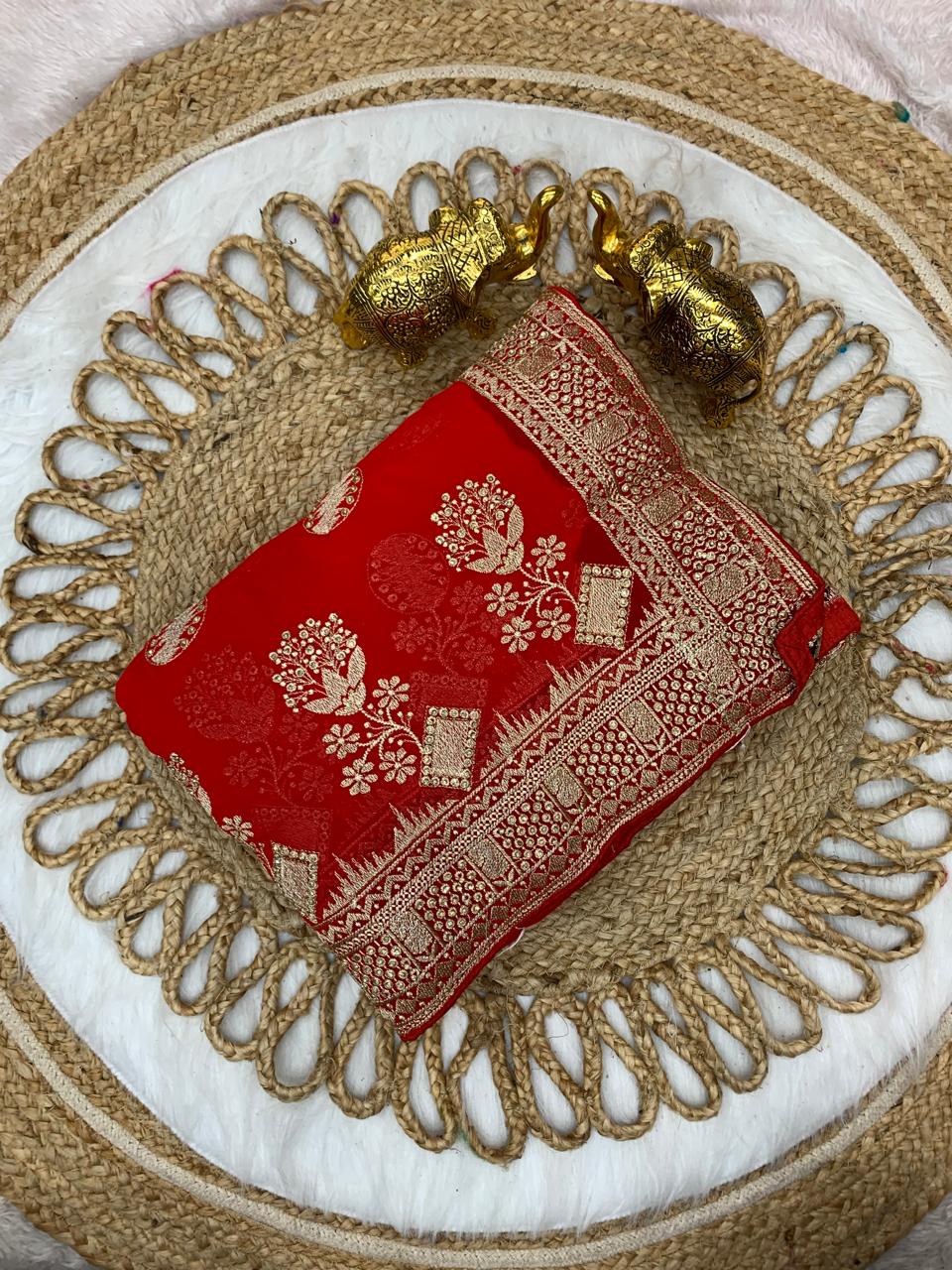 BS-PYARI DULHAN PREMIUM BLOOMING SAREE WITH HEAVY EMBROIDERY WORK WITH PALI AND JARKAN WORK ALL OVER