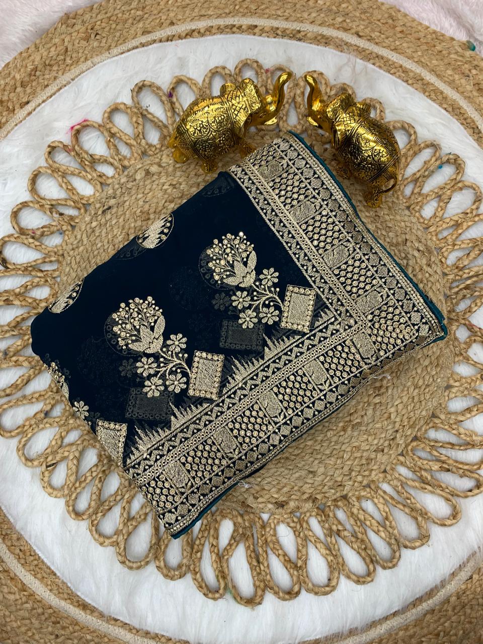 BS-PYARI DULHAN PREMIUM BLOOMING SAREE WITH HEAVY EMBROIDERY WORK WITH PALI AND JARKAN WORK ALL OVER