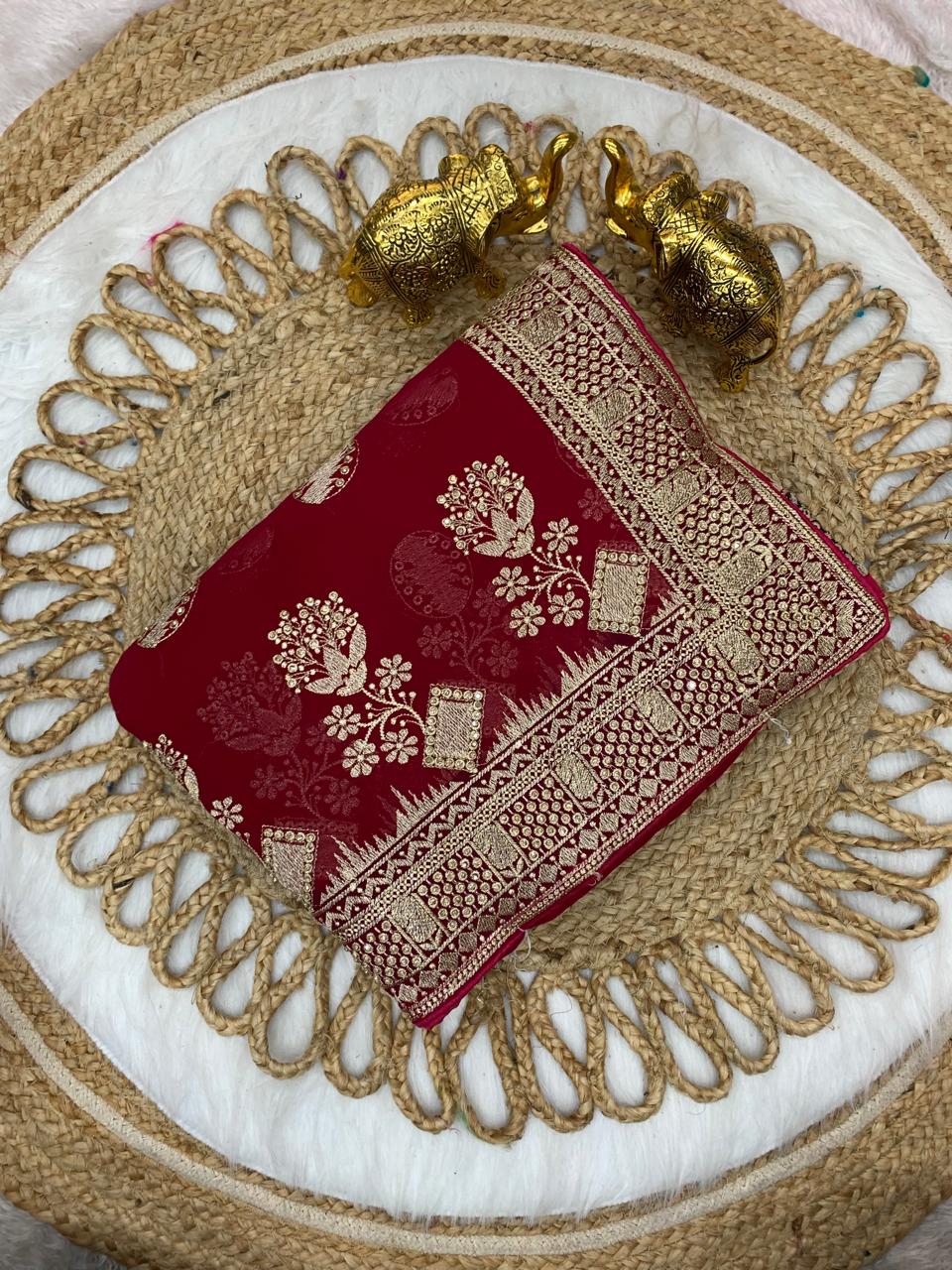 BS-PYARI DULHAN PREMIUM BLOOMING SAREE WITH HEAVY EMBROIDERY WORK WITH PALI AND JARKAN WORK ALL OVER
