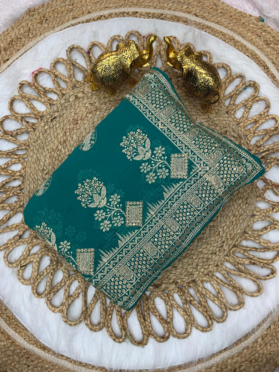 BS-PYARI DULHAN PREMIUM BLOOMING SAREE WITH HEAVY EMBROIDERY WORK WITH PALI AND JARKAN WORK ALL OVER