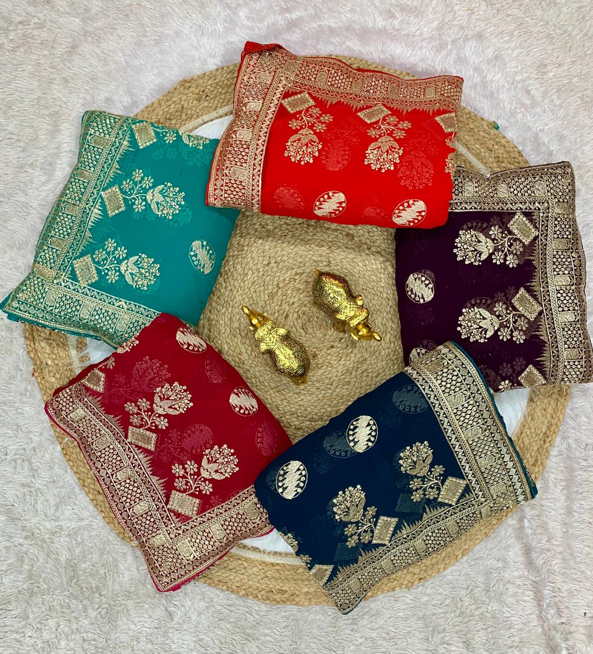 BS-PYARI DULHAN PREMIUM BLOOMING SAREE WITH HEAVY EMBROIDERY WORK WITH PALI AND JARKAN WORK ALL OVER