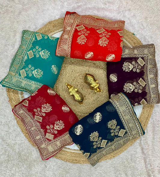 BS-PYARI DULHAN PREMIUM BLOOMING SAREE WITH HEAVY EMBROIDERY WORK WITH PALI AND JARKAN WORK ALL OVER