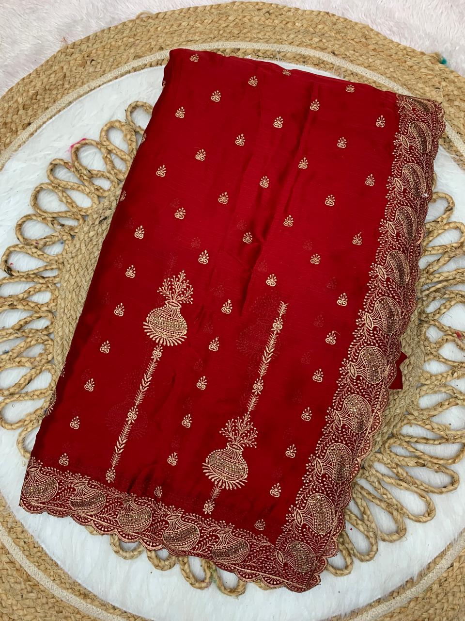 BS-SURILI SATIN SAREE WITH BEAUTIFUL MATKA EMBORIDERY DESIGN WITH DIAMOND WORK ALL OVER