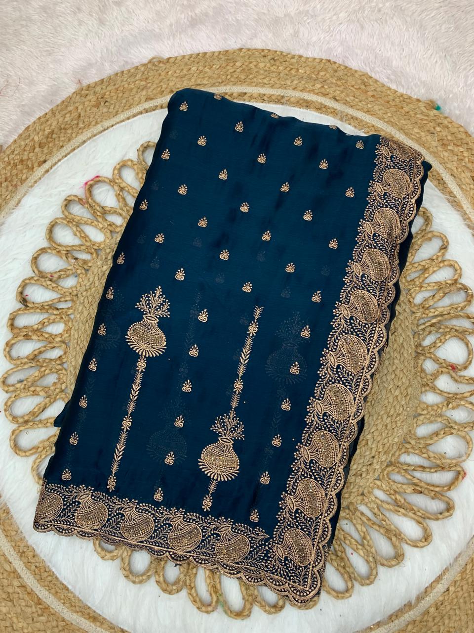 BS-SURILI SATIN SAREE WITH BEAUTIFUL MATKA EMBORIDERY DESIGN WITH DIAMOND WORK ALL OVER