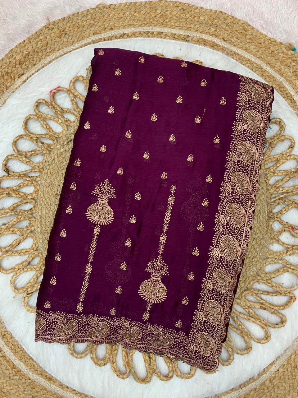 BS-SURILI SATIN SAREE WITH BEAUTIFUL MATKA EMBORIDERY DESIGN WITH DIAMOND WORK ALL OVER
