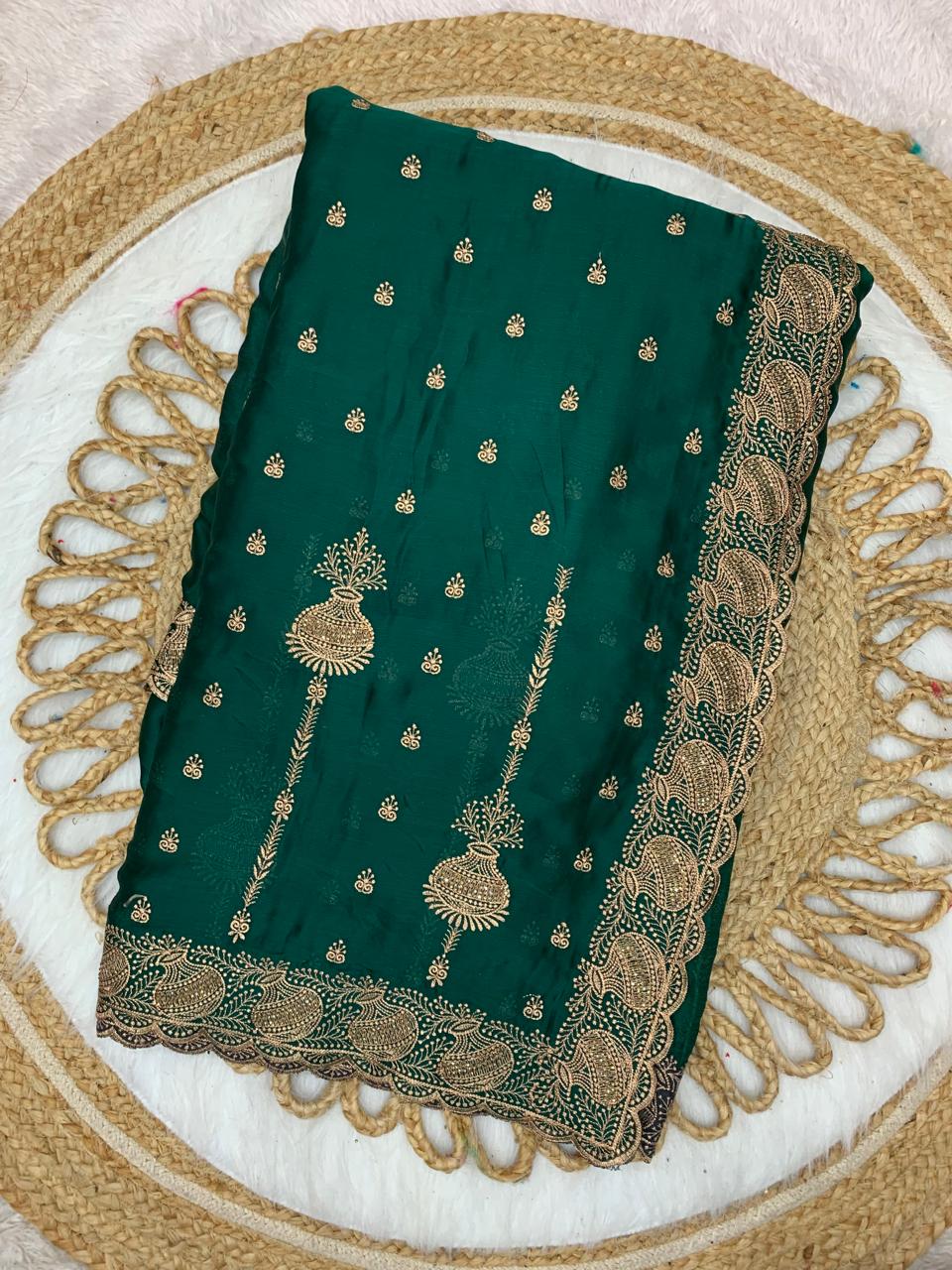 BS-SURILI SATIN SAREE WITH BEAUTIFUL MATKA EMBORIDERY DESIGN WITH DIAMOND WORK ALL OVER