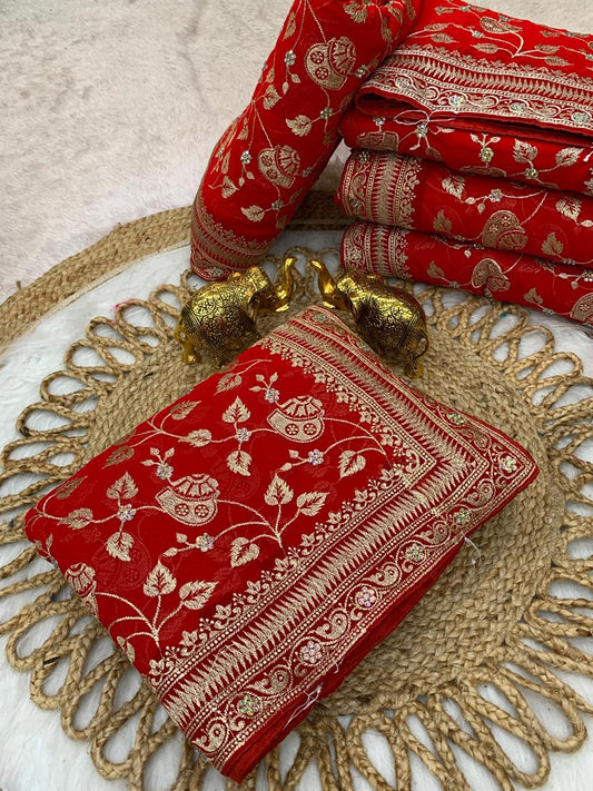 BS-SOBHAGYAWATI-RED SPEICAL RED COLOUR BLOOMING SAREE WITH JHAL DESIGN