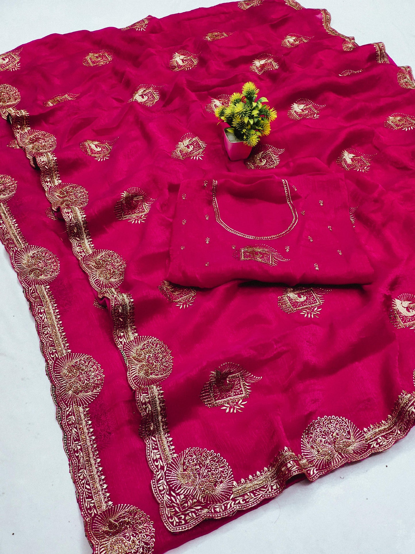DF-AMULYA FENDI CHIFFON SAREE WITH DANCING PEACOCK DESIGN ALL OVER WITH SIROSKI WORK
