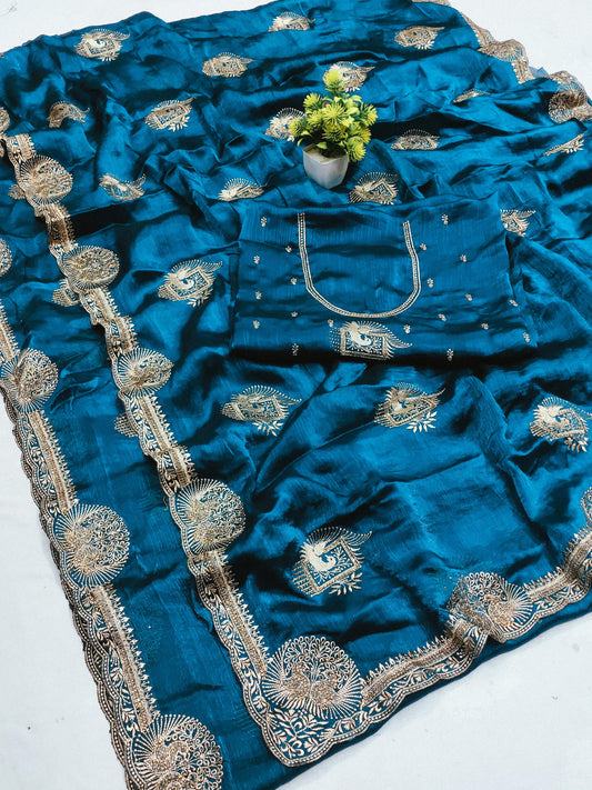 DF-AMULYA FENDI CHIFFON SAREE WITH DANCING PEACOCK DESIGN ALL OVER WITH SIROSKI WORK
