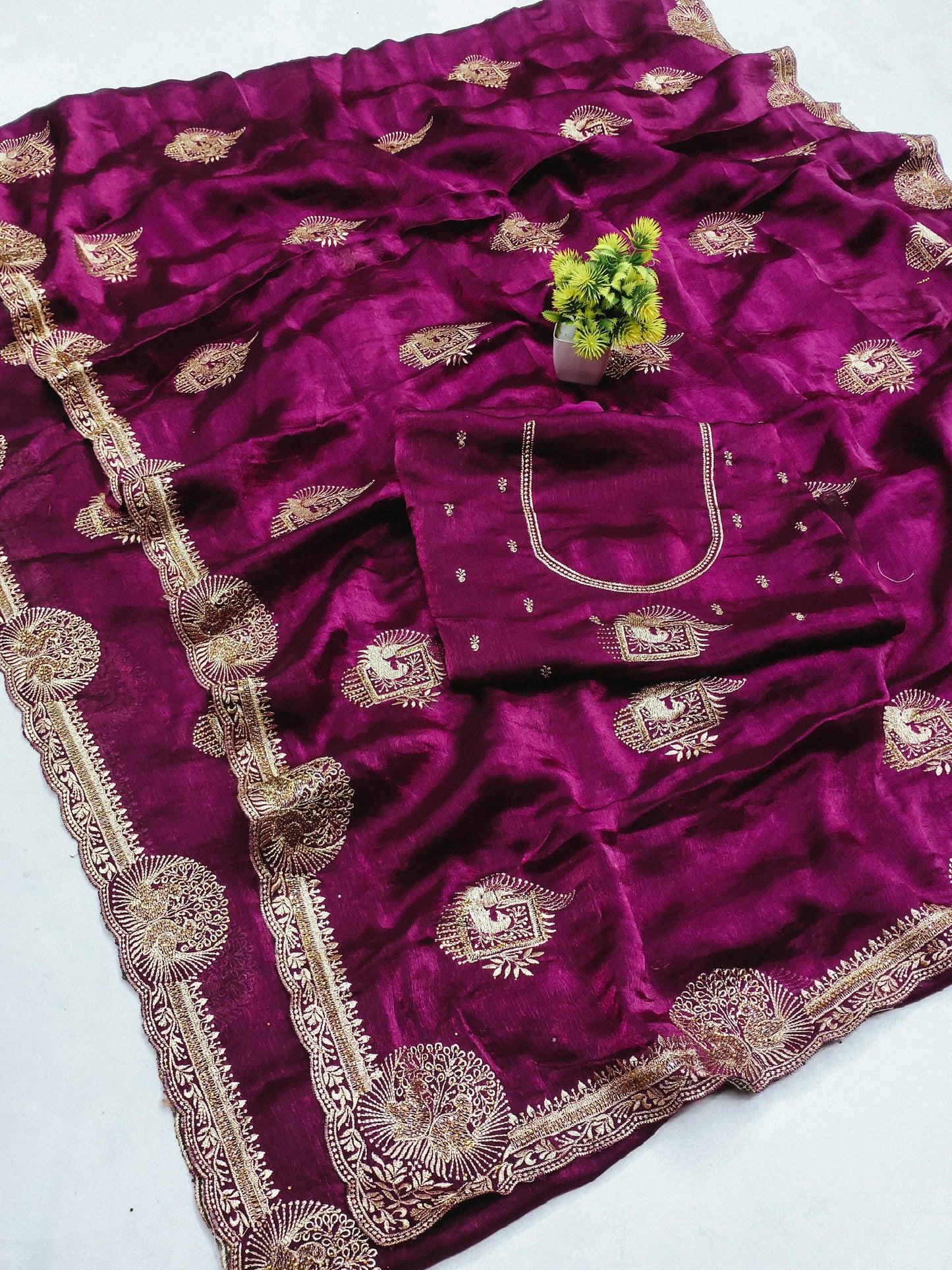 DF-AMULYA FENDI CHIFFON SAREE WITH DANCING PEACOCK DESIGN ALL OVER WITH SIROSKI WORK