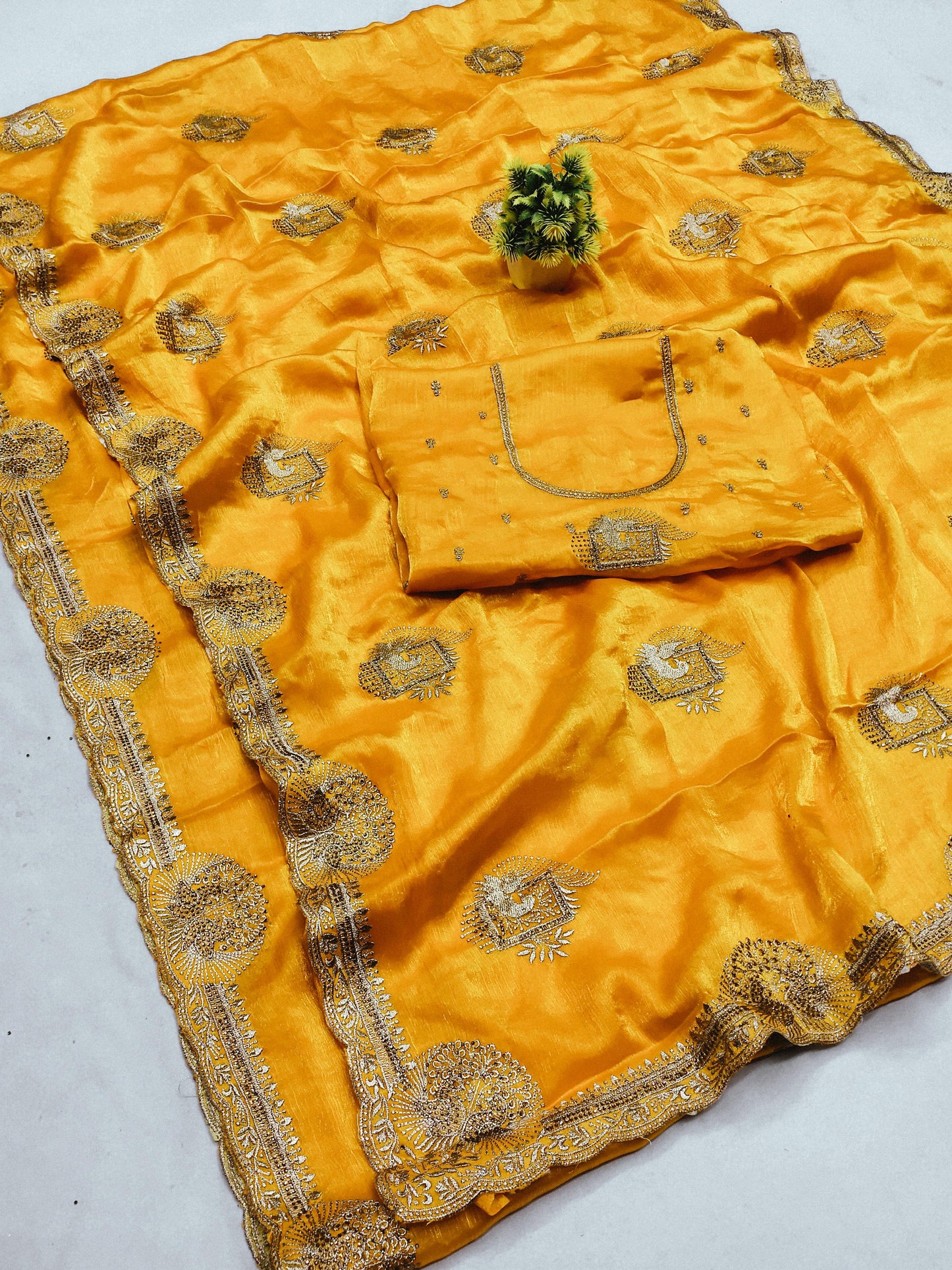 DF-AMULYA FENDI CHIFFON SAREE WITH DANCING PEACOCK DESIGN ALL OVER WITH SIROSKI WORK