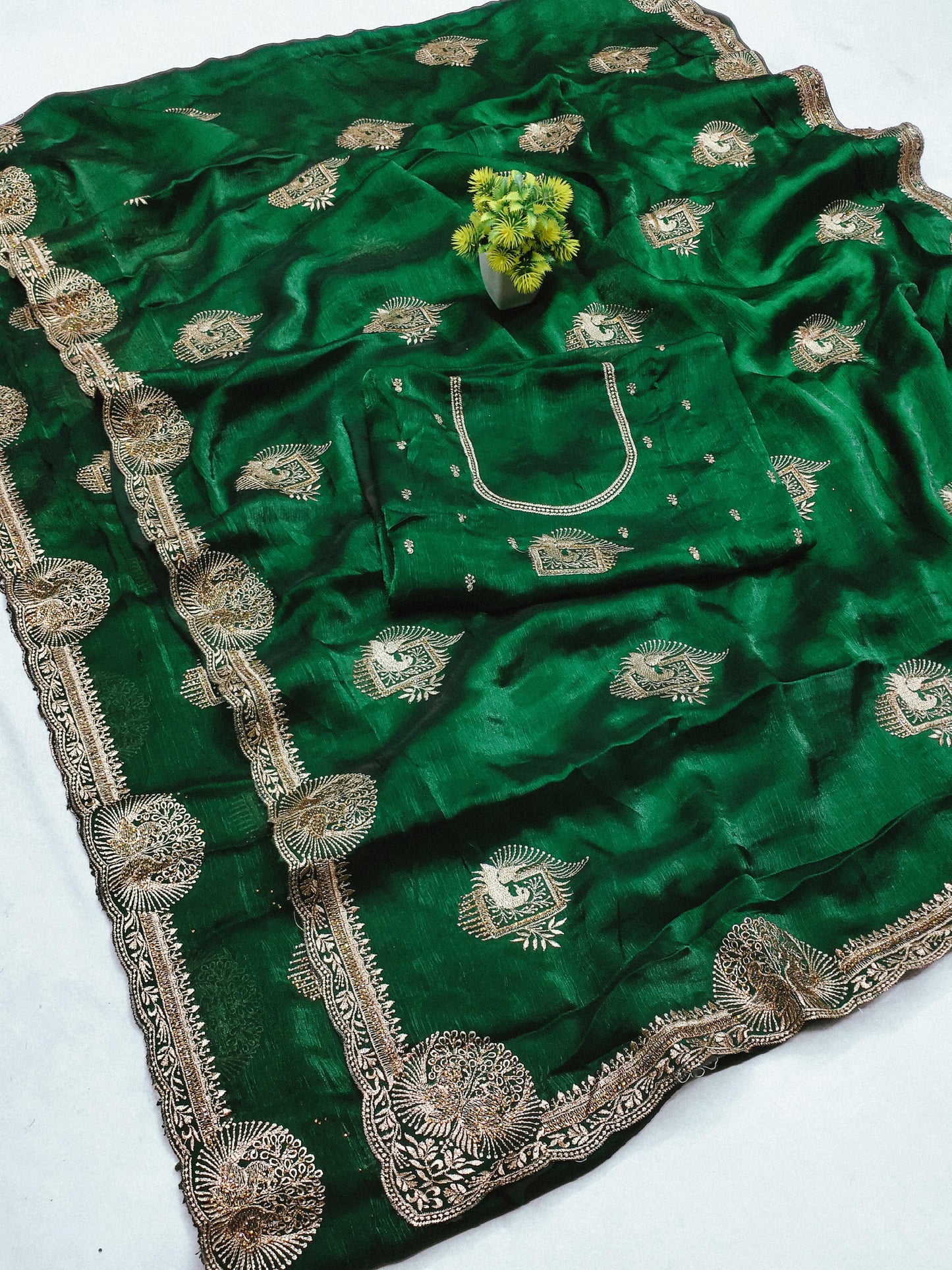 DF-AMULYA FENDI CHIFFON SAREE WITH DANCING PEACOCK DESIGN ALL OVER WITH SIROSKI WORK