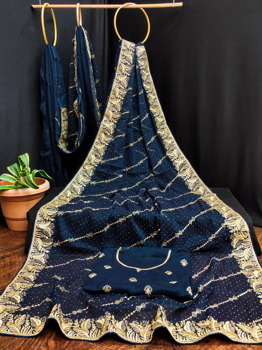 DF-AARAVI CXC SIMMER SAREE WITH EMBNORIDERY WORK WITH LEAF DESIGN ON BORDER WITH LAHERIA DESIGN ON BODY WITH SRIOKSI WORK ALL OVER