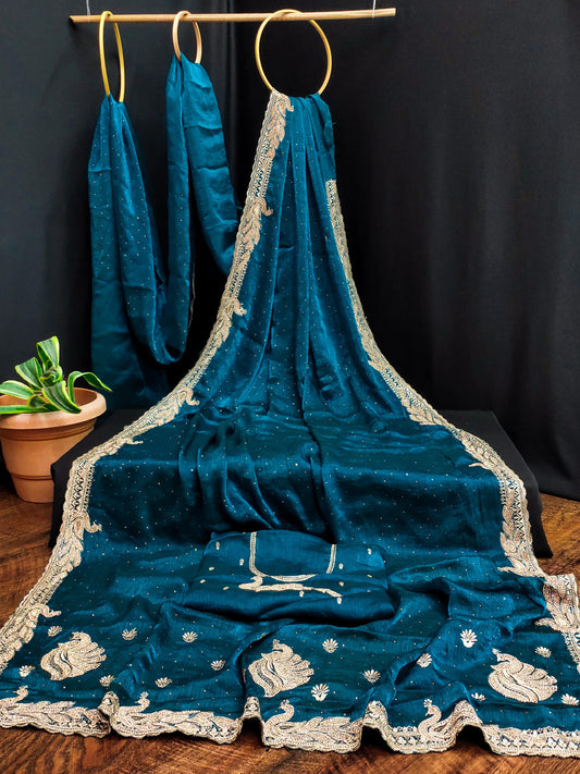 DF-DEEWANA FENDI CHIFFON SAREE WITH JARKAN WORK ON PEACOCK DEISGN WITH BEAUTIFULY CRAFTER WITH EMBROIDERY WORK