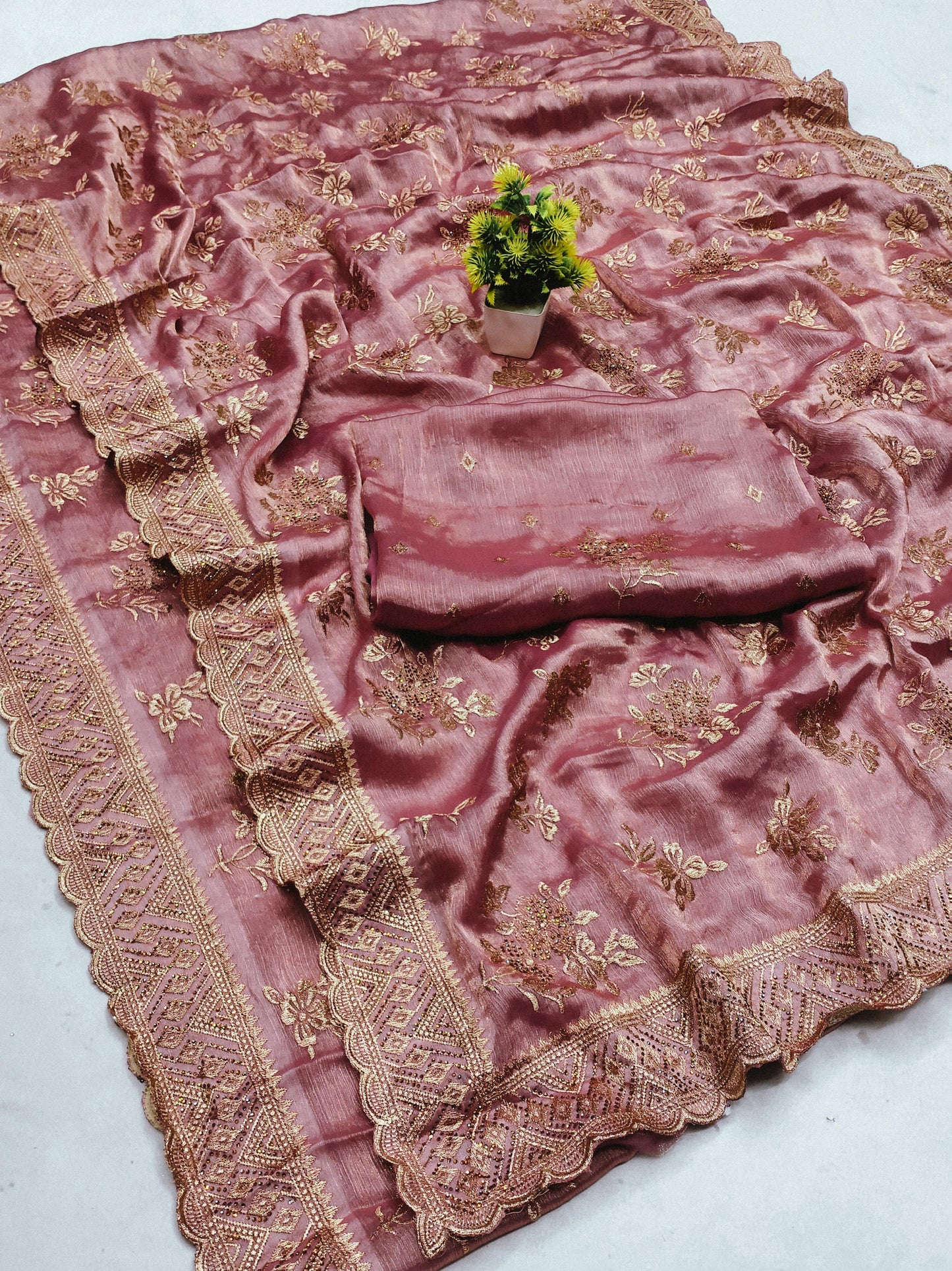 DF-LUCKNOW CRUSH FENDI CHIFFON SAREE WITH FLOWER DESIGN ALL OVER WITH DMC DIAMOND WITH BEAUTIFUL BORDER WITH CUTWORK DESIGN