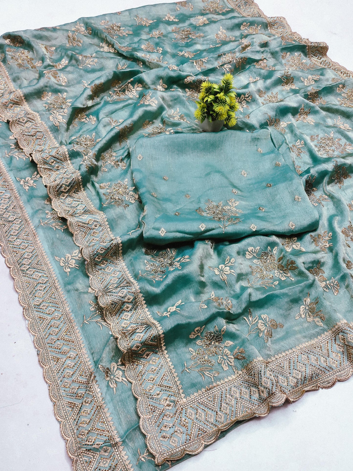 DF-LUCKNOW CRUSH FENDI CHIFFON SAREE WITH FLOWER DESIGN ALL OVER WITH DMC DIAMOND WITH BEAUTIFUL BORDER WITH CUTWORK DESIGN