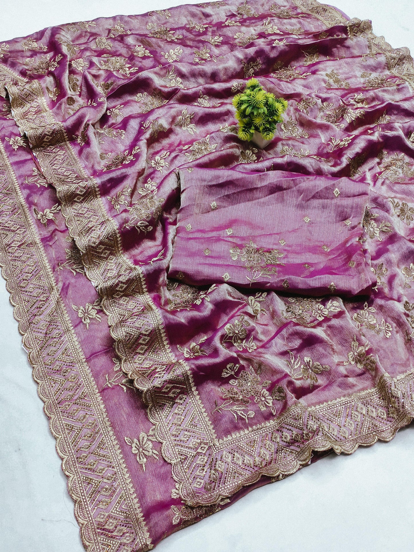 DF-LUCKNOW CRUSH FENDI CHIFFON SAREE WITH FLOWER DESIGN ALL OVER WITH DMC DIAMOND WITH BEAUTIFUL BORDER WITH CUTWORK DESIGN
