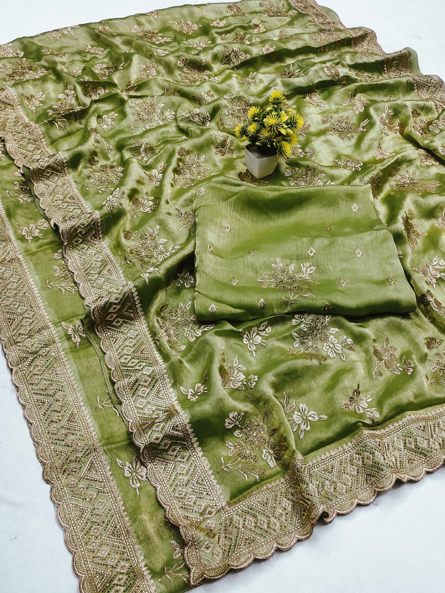 DF-LUCKNOW CRUSH FENDI CHIFFON SAREE WITH FLOWER DESIGN ALL OVER WITH DMC DIAMOND WITH BEAUTIFUL BORDER WITH CUTWORK DESIGN