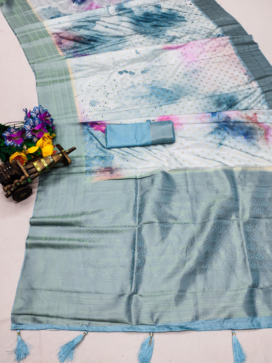 DP-BALAM PICHKARI  Premium Softy Silk Saree with Colorful Digital Print and Tussels attached