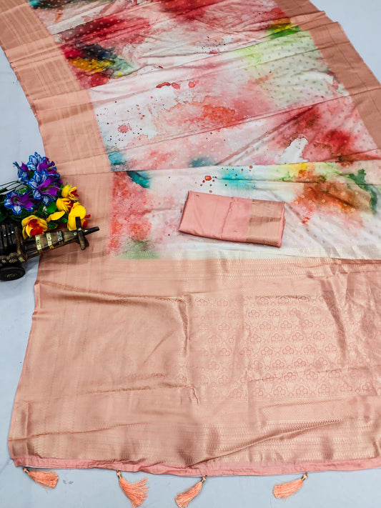 DP-BALAM PICHKARI  Premium Softy Silk Saree with Colorful Digital Print and Tussels attached