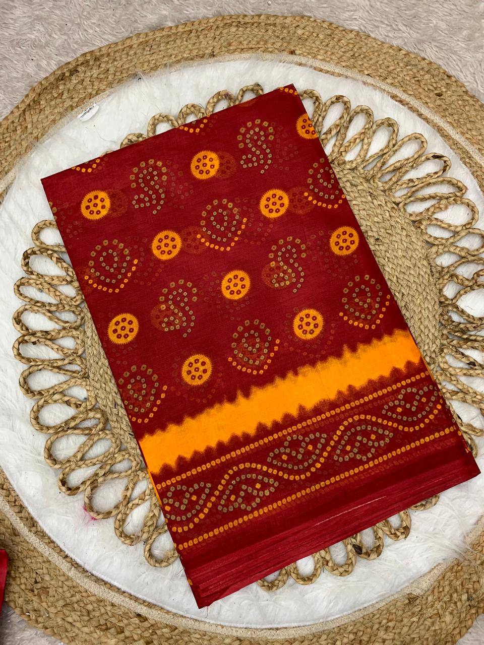 CT-RED GOLD CHUNRI PURE SUTI COTTON SAREE WITH BEAUTIFUL CHUNRI PRINTS