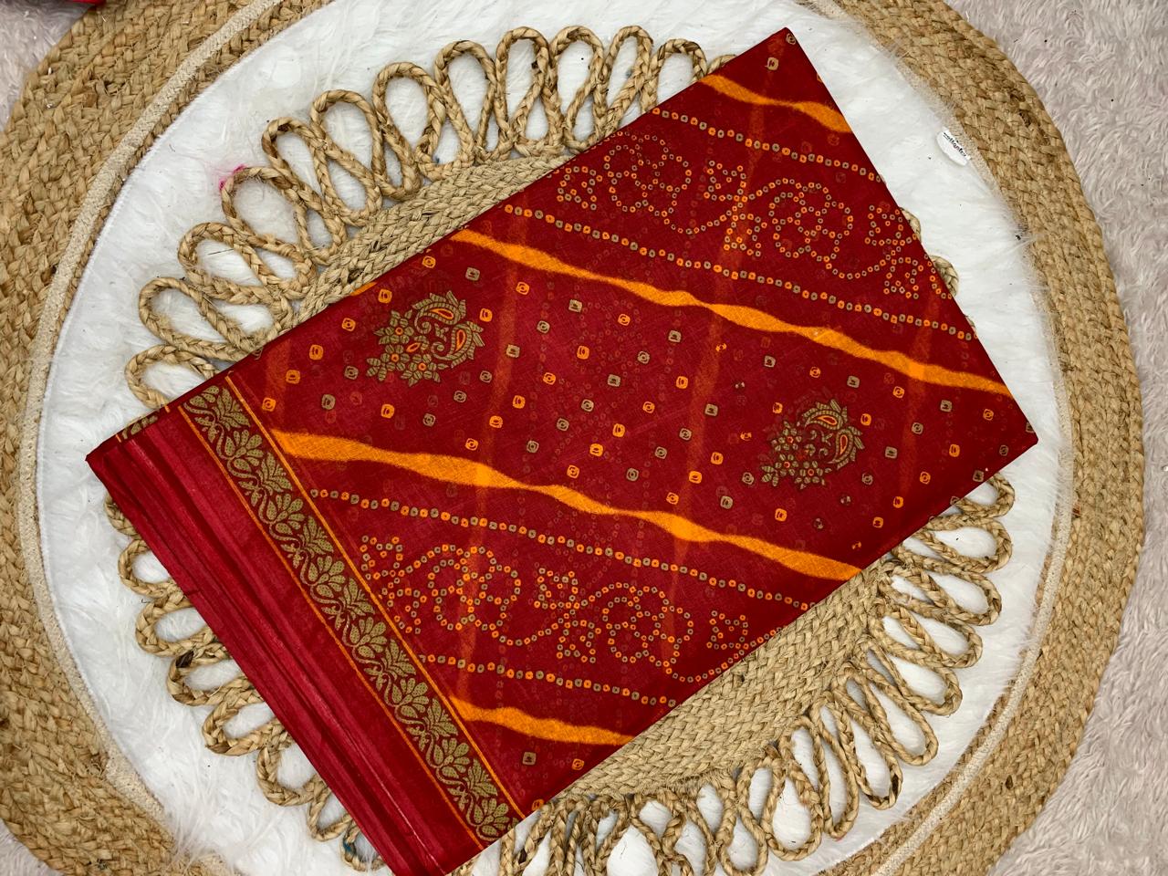 CT-RED GOLD CHUNRI PURE SUTI COTTON SAREE WITH BEAUTIFUL CHUNRI PRINTS