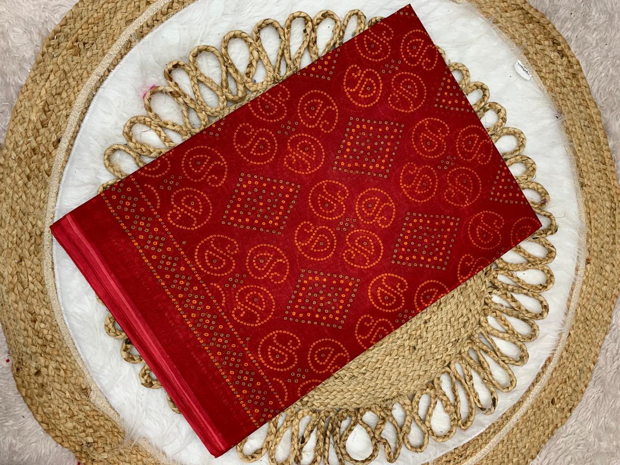 CT-RED GOLD CHUNRI PURE SUTI COTTON SAREE WITH BEAUTIFUL CHUNRI PRINTS