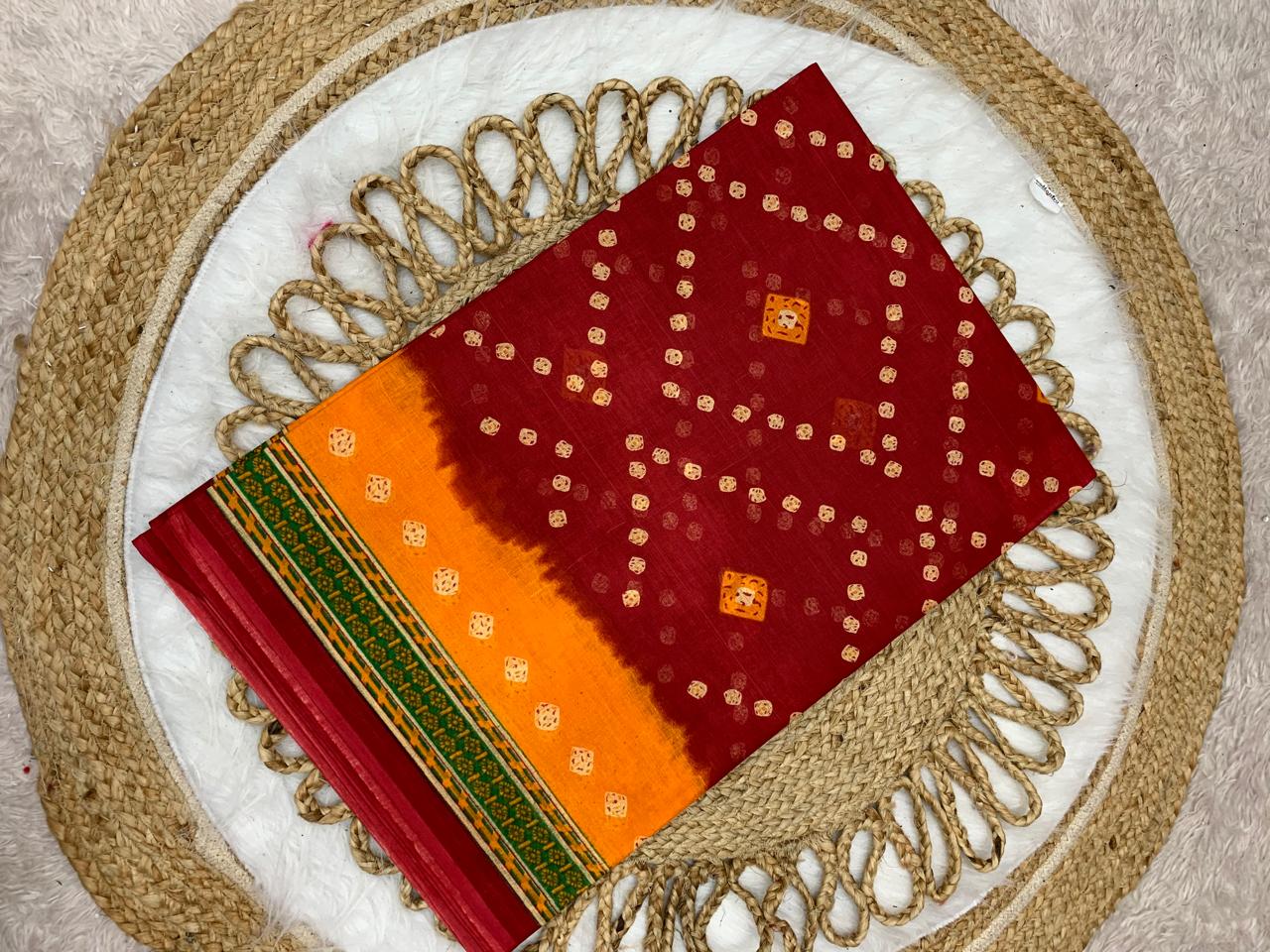 CT-RED GOLD CHUNRI PURE SUTI COTTON SAREE WITH BEAUTIFUL CHUNRI PRINTS