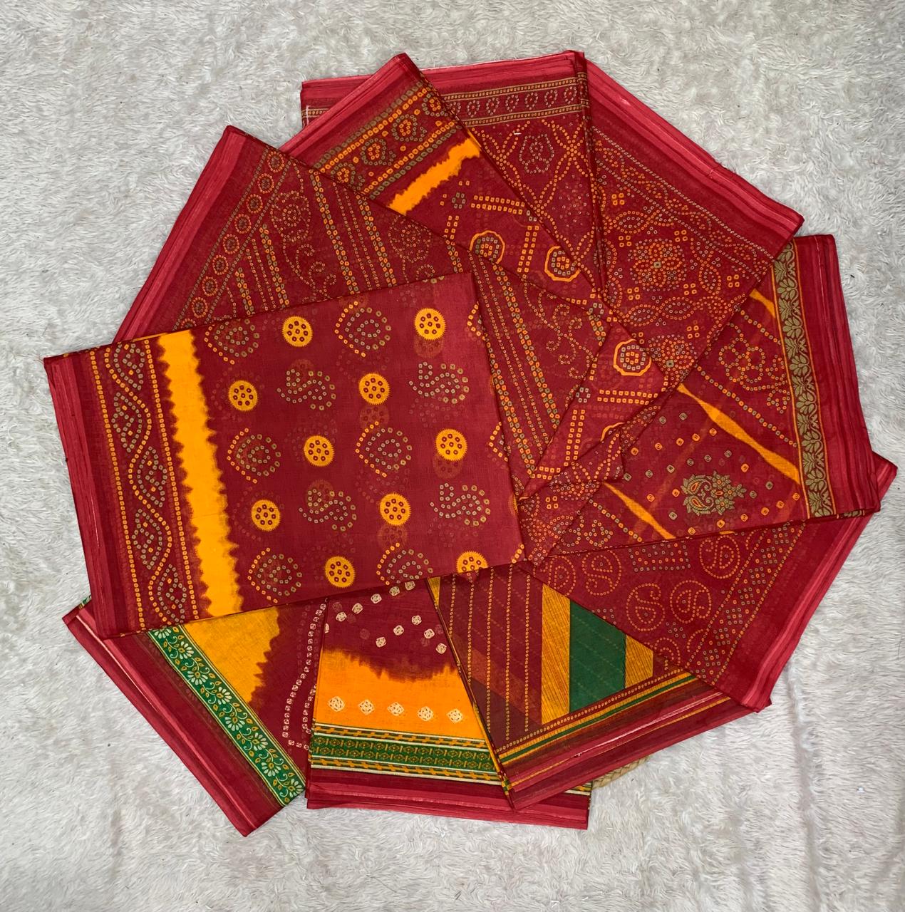 CT-RED GOLD CHUNRI PURE SUTI COTTON SAREE WITH BEAUTIFUL CHUNRI PRINTS