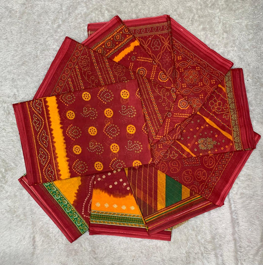 CT-RED GOLD CHUNRI PURE SUTI COTTON SAREE WITH BEAUTIFUL CHUNRI PRINTS