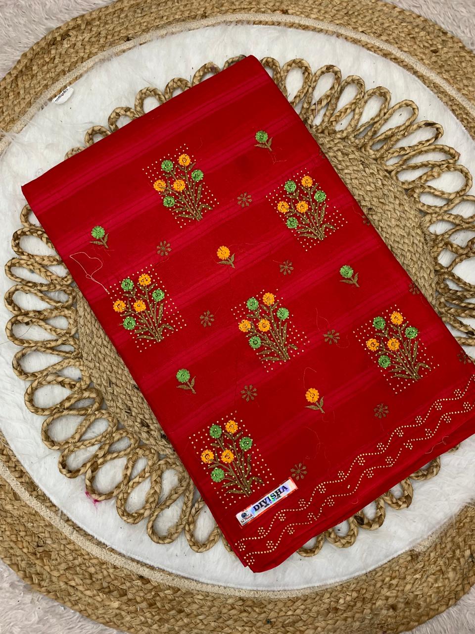 CT-DIVISHA PURE SUTI COTTON SAREE WITH BEAUTIFUL FLOWRER EMBORIDERY WORK WITH SIROSKI WORK ON BUTHA