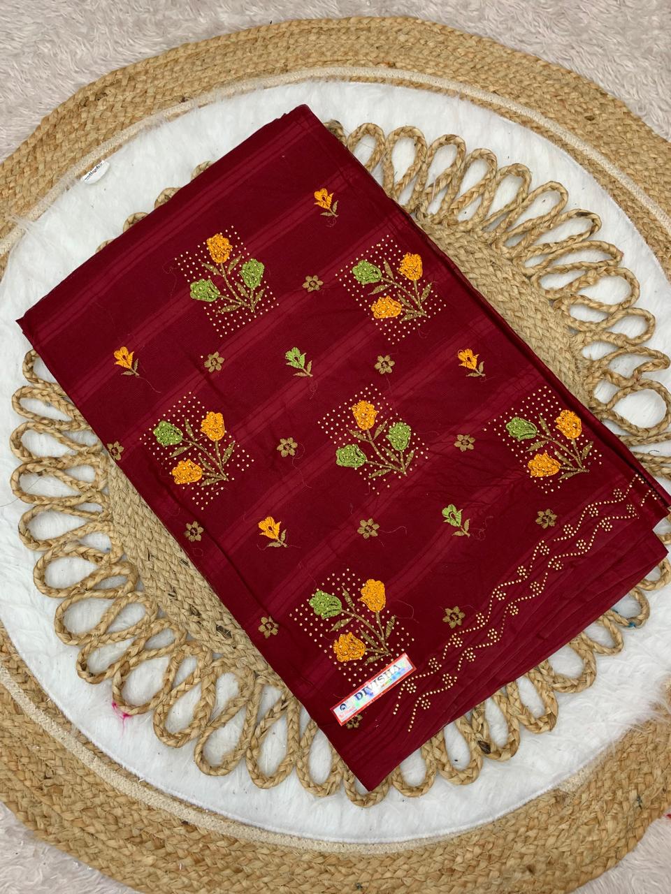 CT-DIVISHA PURE SUTI COTTON SAREE WITH BEAUTIFUL FLOWRER EMBORIDERY WORK WITH SIROSKI WORK ON BUTHA