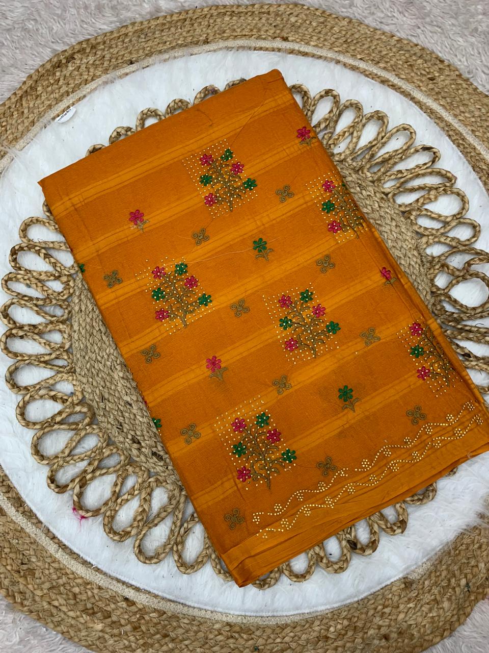 CT-DIVISHA PURE SUTI COTTON SAREE WITH BEAUTIFUL FLOWRER EMBORIDERY WORK WITH SIROSKI WORK ON BUTHA