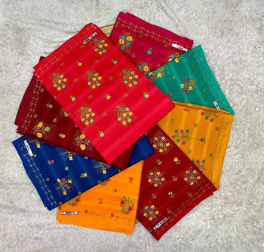 CT-DIVISHA PURE SUTI COTTON SAREE WITH BEAUTIFUL FLOWRER EMBORIDERY WORK WITH SIROSKI WORK ON BUTHA