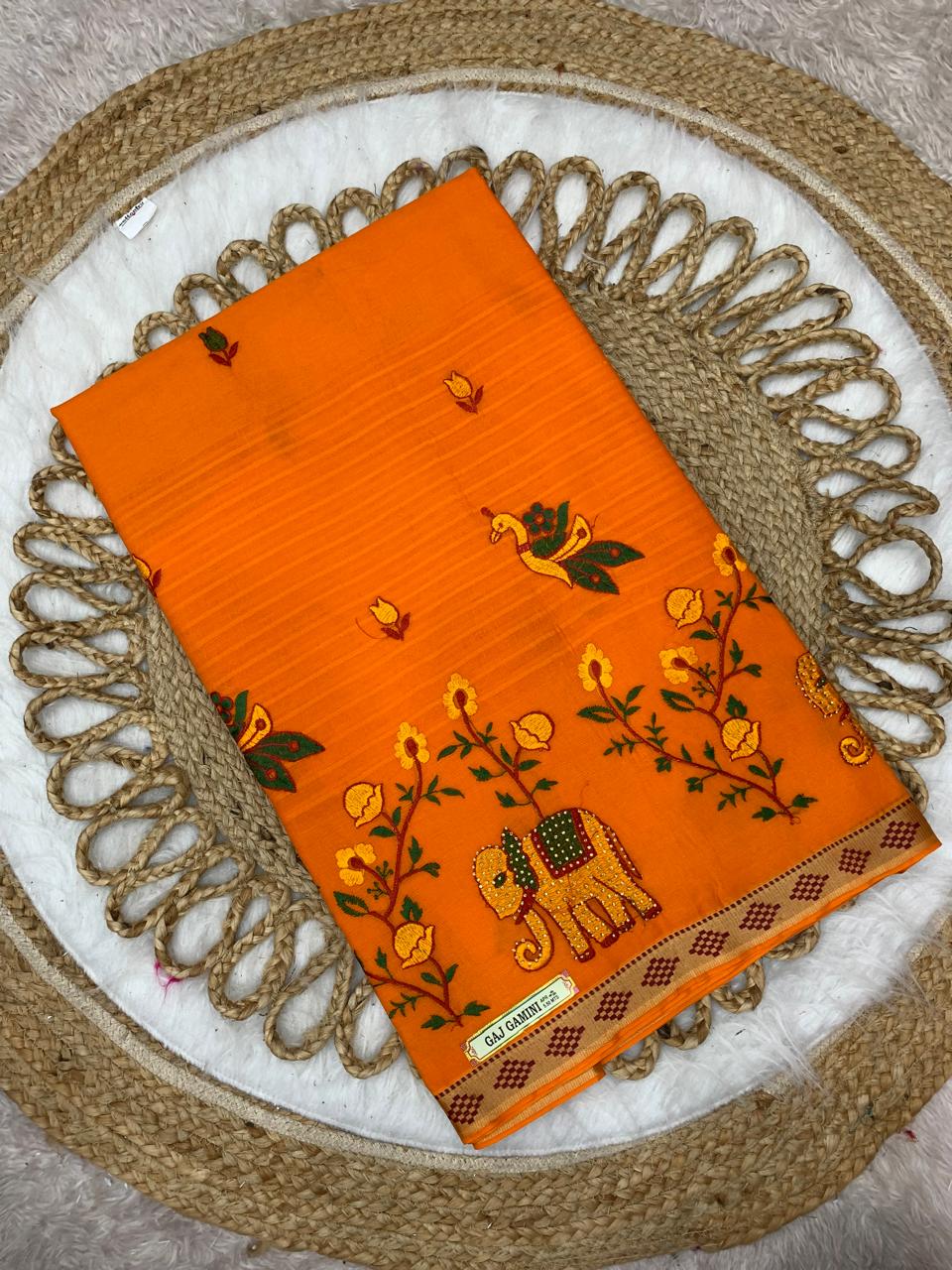 CT-GAJ GAMINI PURE SUTI COTTON SAREE WITH BEAUTIFUL HATHI DESIGNED WITH EMBORIDERY WORK