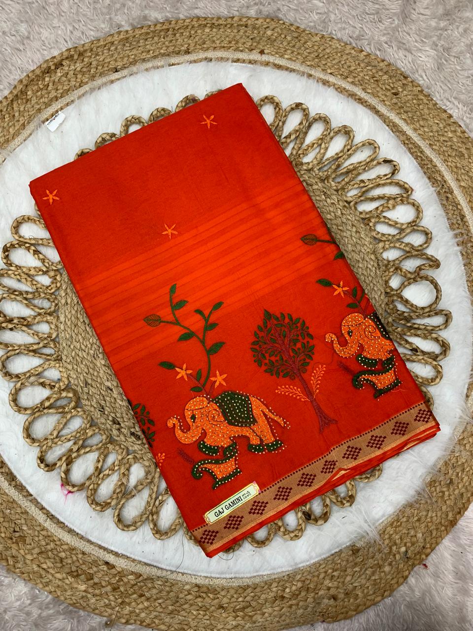 CT-GAJ GAMINI PURE SUTI COTTON SAREE WITH BEAUTIFUL HATHI DESIGNED WITH EMBORIDERY WORK
