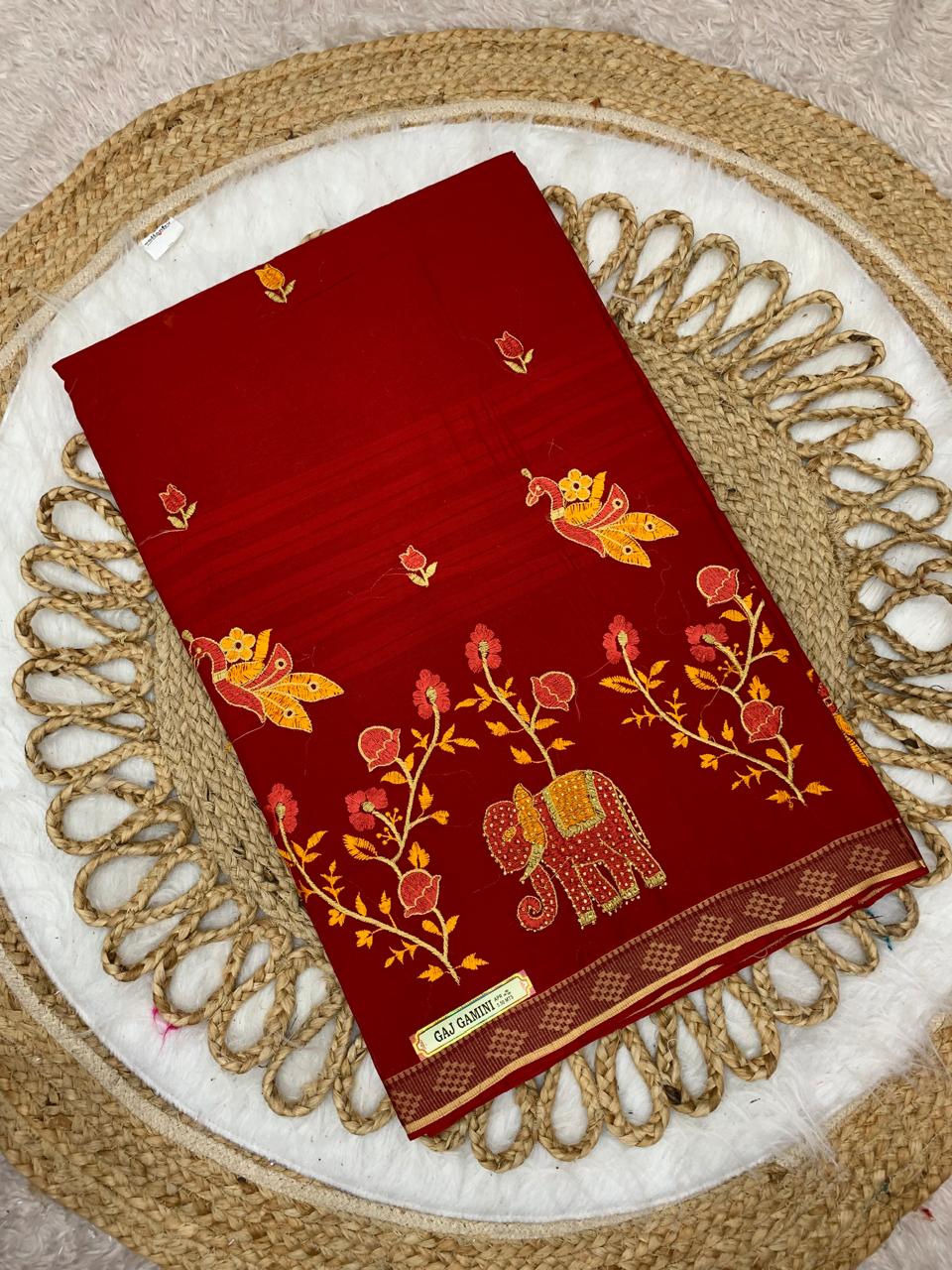 CT-GAJ GAMINI PURE SUTI COTTON SAREE WITH BEAUTIFUL HATHI DESIGNED WITH EMBORIDERY WORK