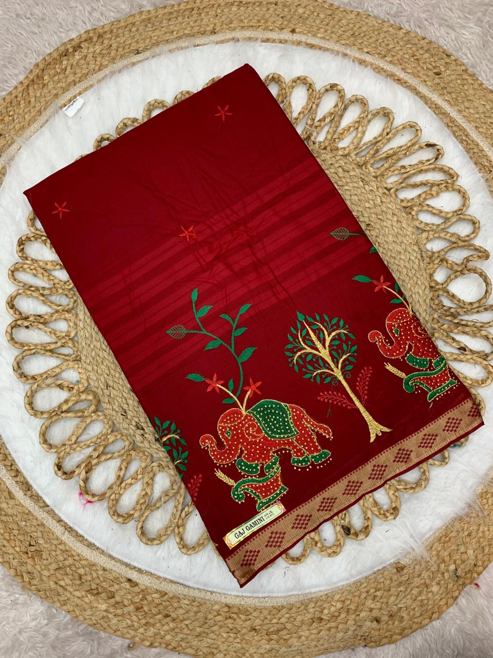 CT-GAJ GAMINI PURE SUTI COTTON SAREE WITH BEAUTIFUL HATHI DESIGNED WITH EMBORIDERY WORK