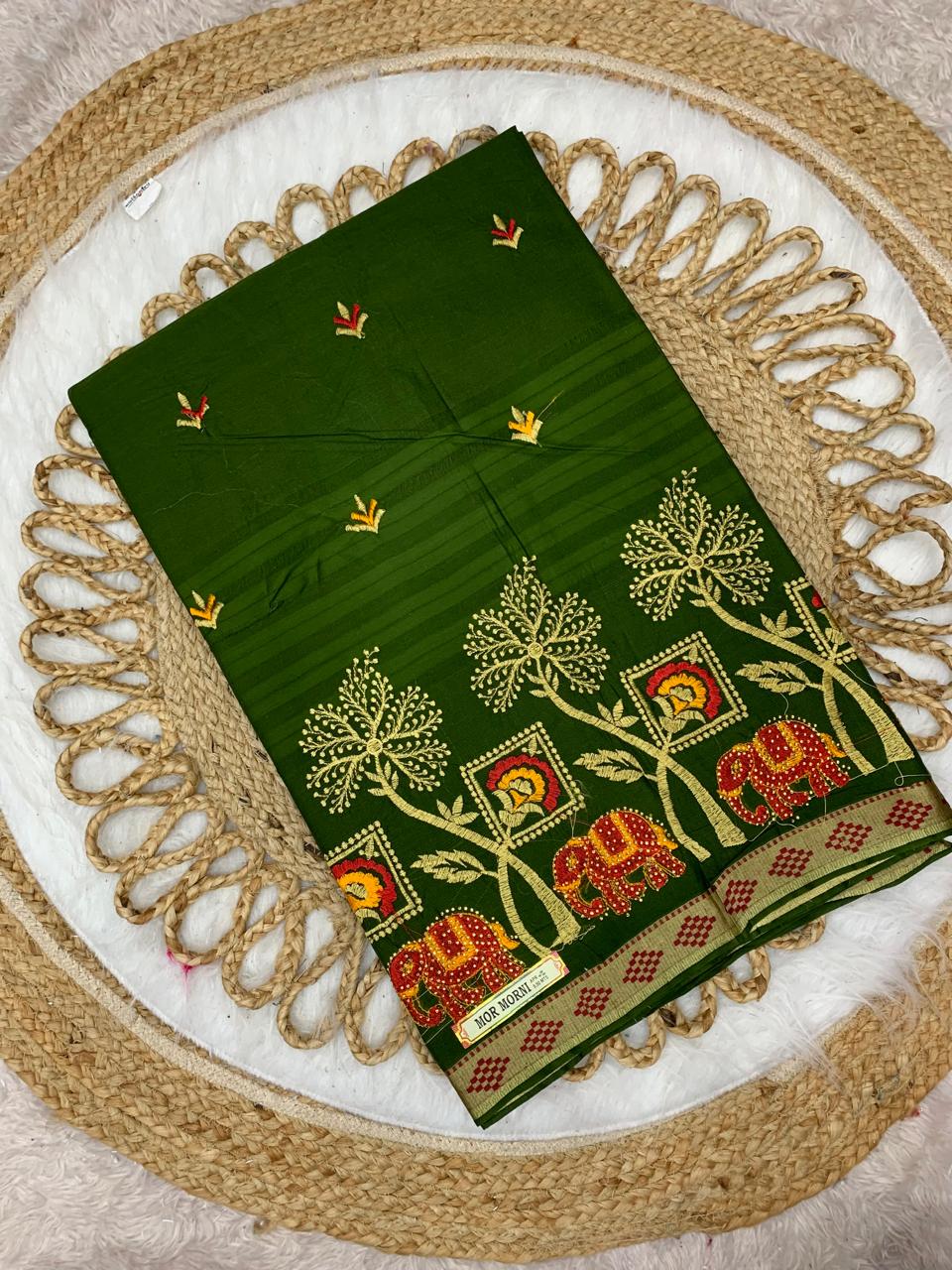 CT-MOR MORNI SUTI COTTON SAREE WITH EMBORIDERY WORK HATHI, CHIDIYA DESIGN