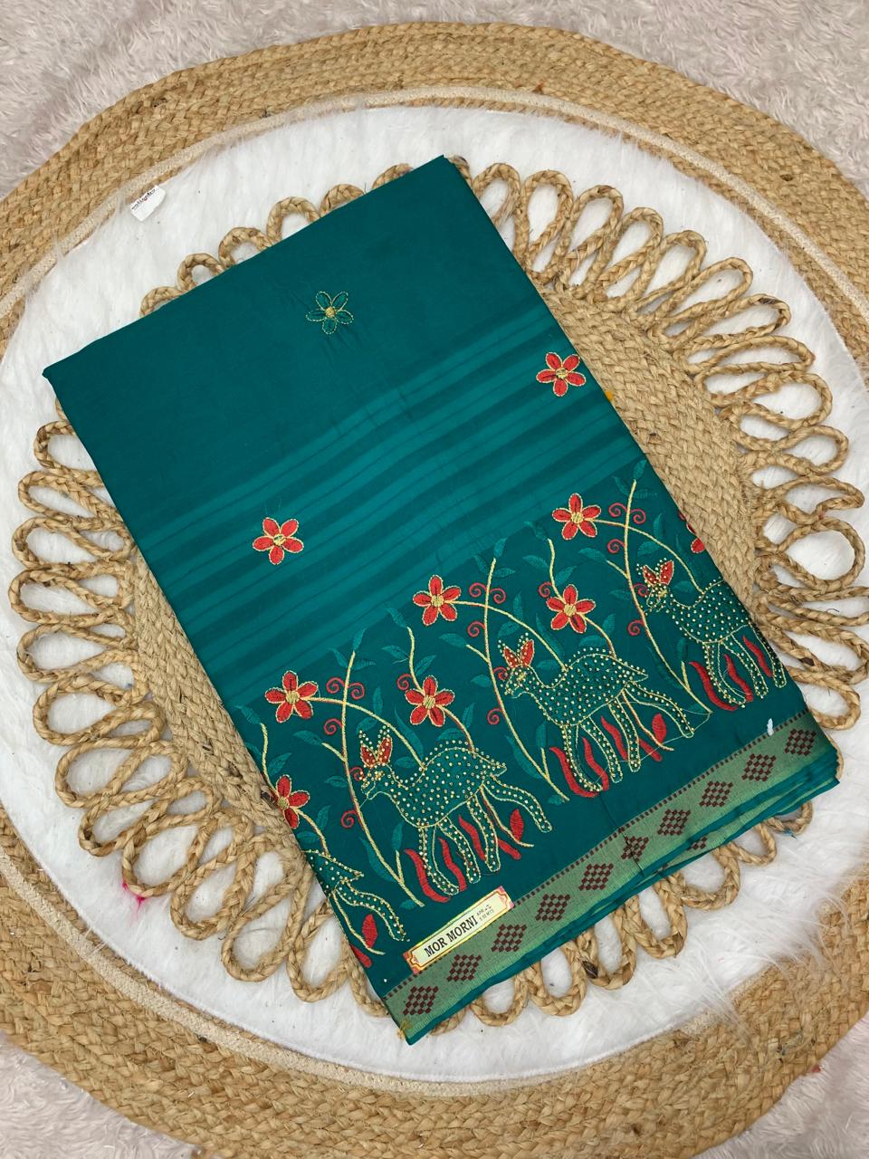 CT-MOR MORNI SUTI COTTON SAREE WITH EMBORIDERY WORK HATHI, CHIDIYA DESIGN