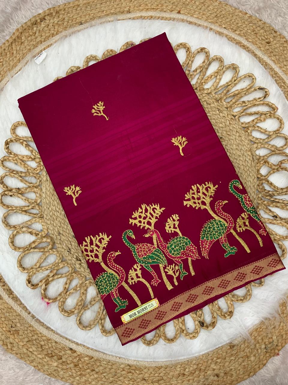 CT-MOR MORNI SUTI COTTON SAREE WITH EMBORIDERY WORK HATHI, CHIDIYA DESIGN