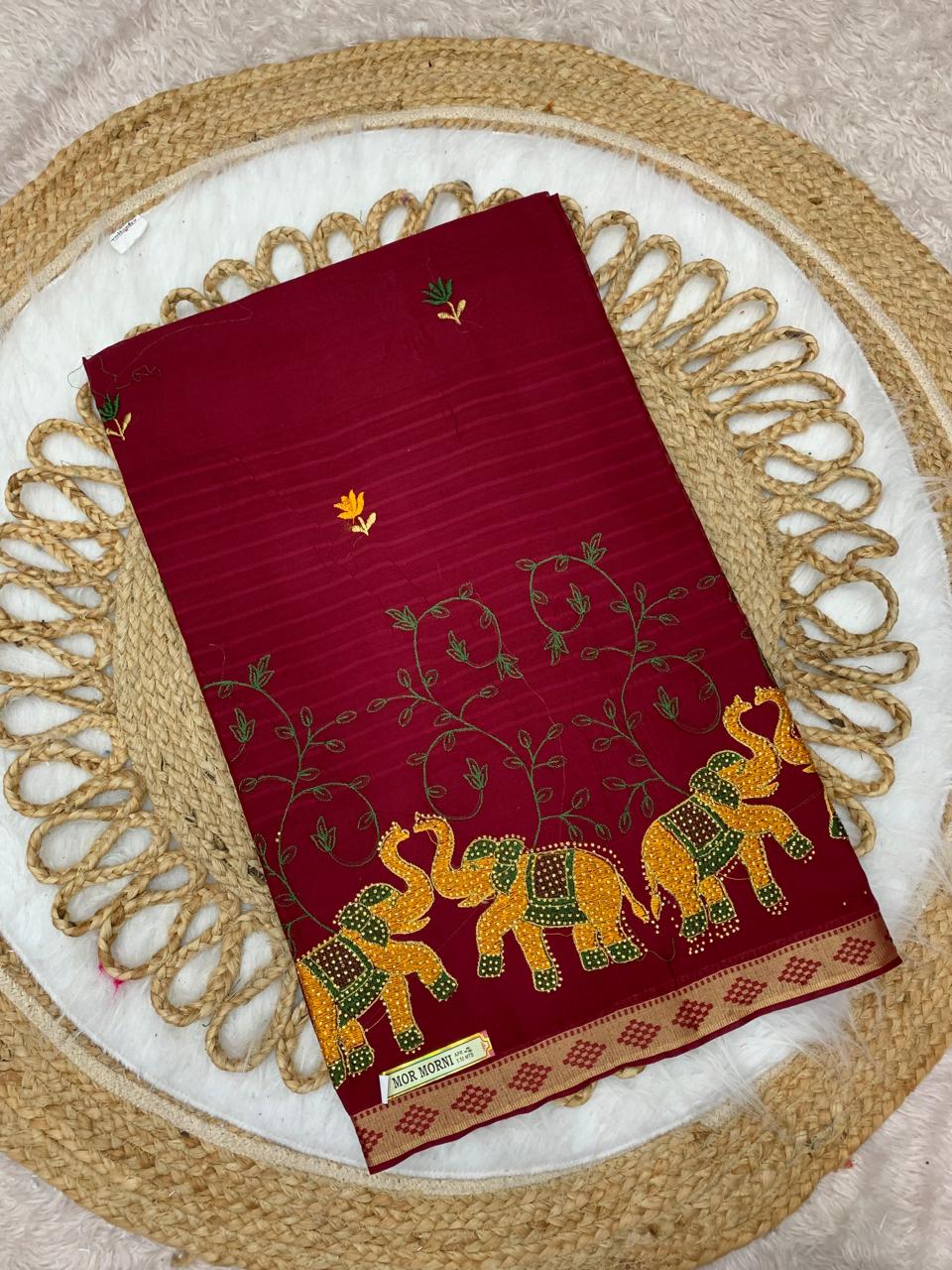 CT-MOR MORNI SUTI COTTON SAREE WITH EMBORIDERY WORK HATHI, CHIDIYA DESIGN