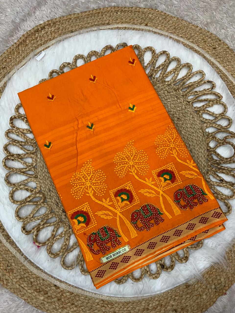 CT-MOR MORNI SUTI COTTON SAREE WITH EMBORIDERY WORK HATHI, CHIDIYA DESIGN