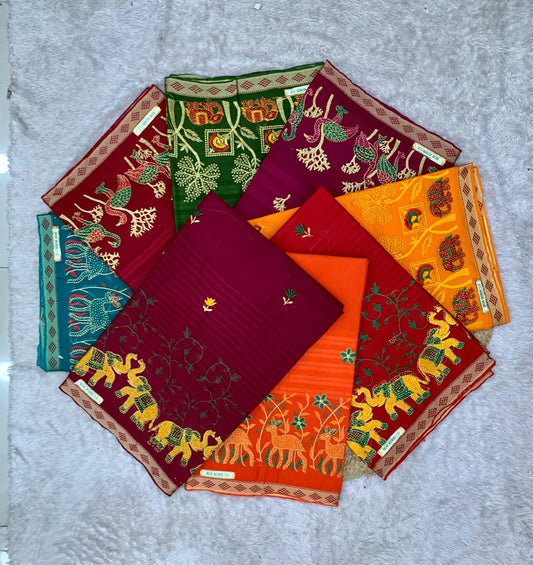 CT-MOR MORNI SUTI COTTON SAREE WITH EMBORIDERY WORK HATHI, CHIDIYA DESIGN