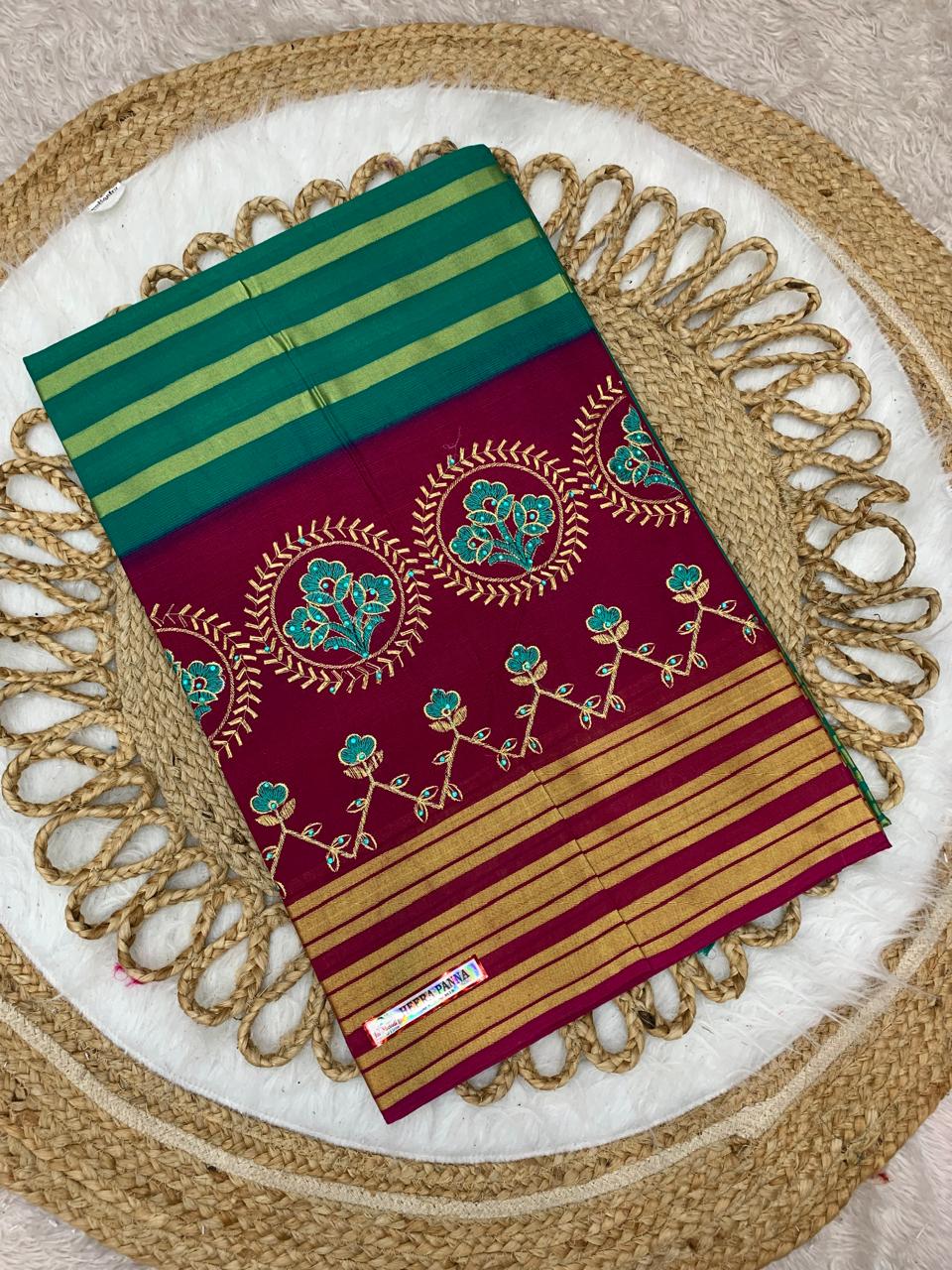 CT-HEERA PANNA PURE SUTI SAREE WITH BEAUTIFUL EMBORIDERY WORK