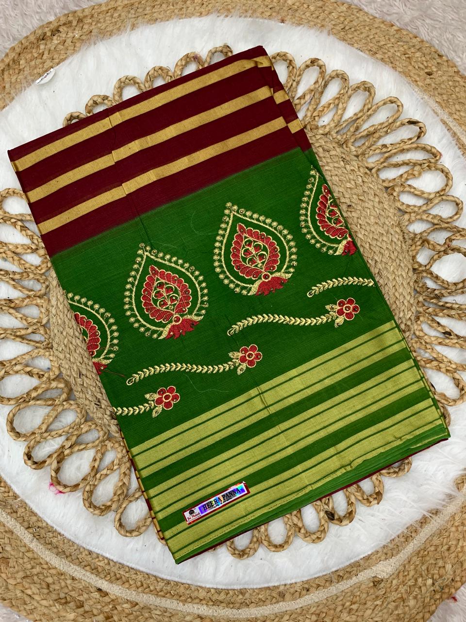 CT-HEERA PANNA PURE SUTI SAREE WITH BEAUTIFUL EMBORIDERY WORK